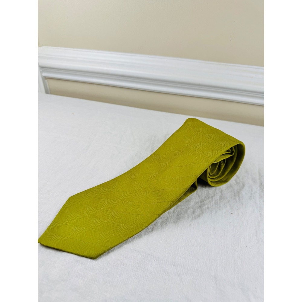 Vintage Chartreuse Green Geometric Concentric Square Woven Polyester Wide Tie